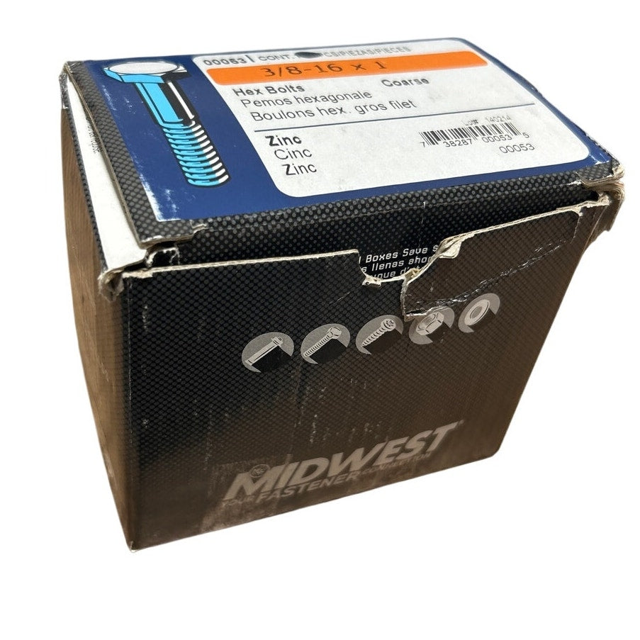 93 New In Box Midwest 00053 Hex Bolt 3/8-16 x 1 in Zinc Plated Grade 2 Bolts