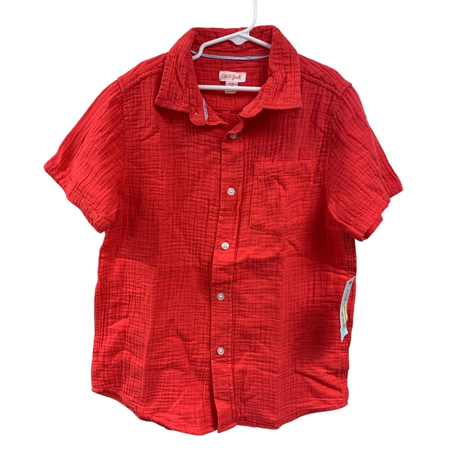 New Cat & Jack Boys Large Red Melon Short Sleeve 100% Cotton Button Up Shirt