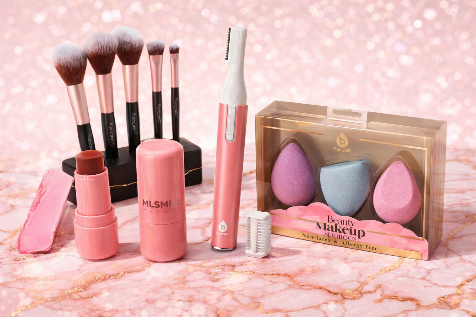 Makeup brushes, lipstick, and beauty tools on a pink marble surface with a blurred background.