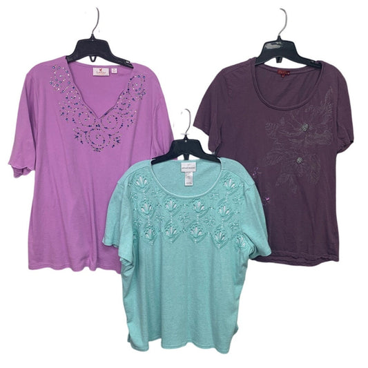 Lot of 3 Womens XL Green Purple Bling Floral Short Sleeve Summer Tops Shirts
