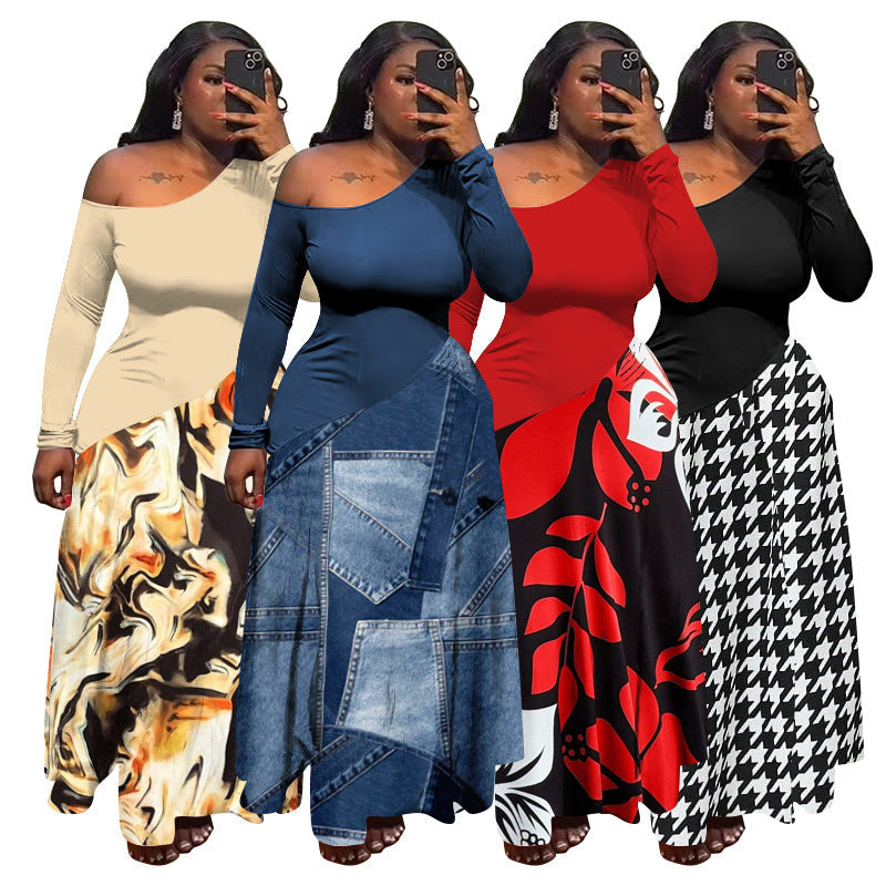 Womens Elegant Slim-Fit Patchwork Printed Maxi Dress With A Sexy Design