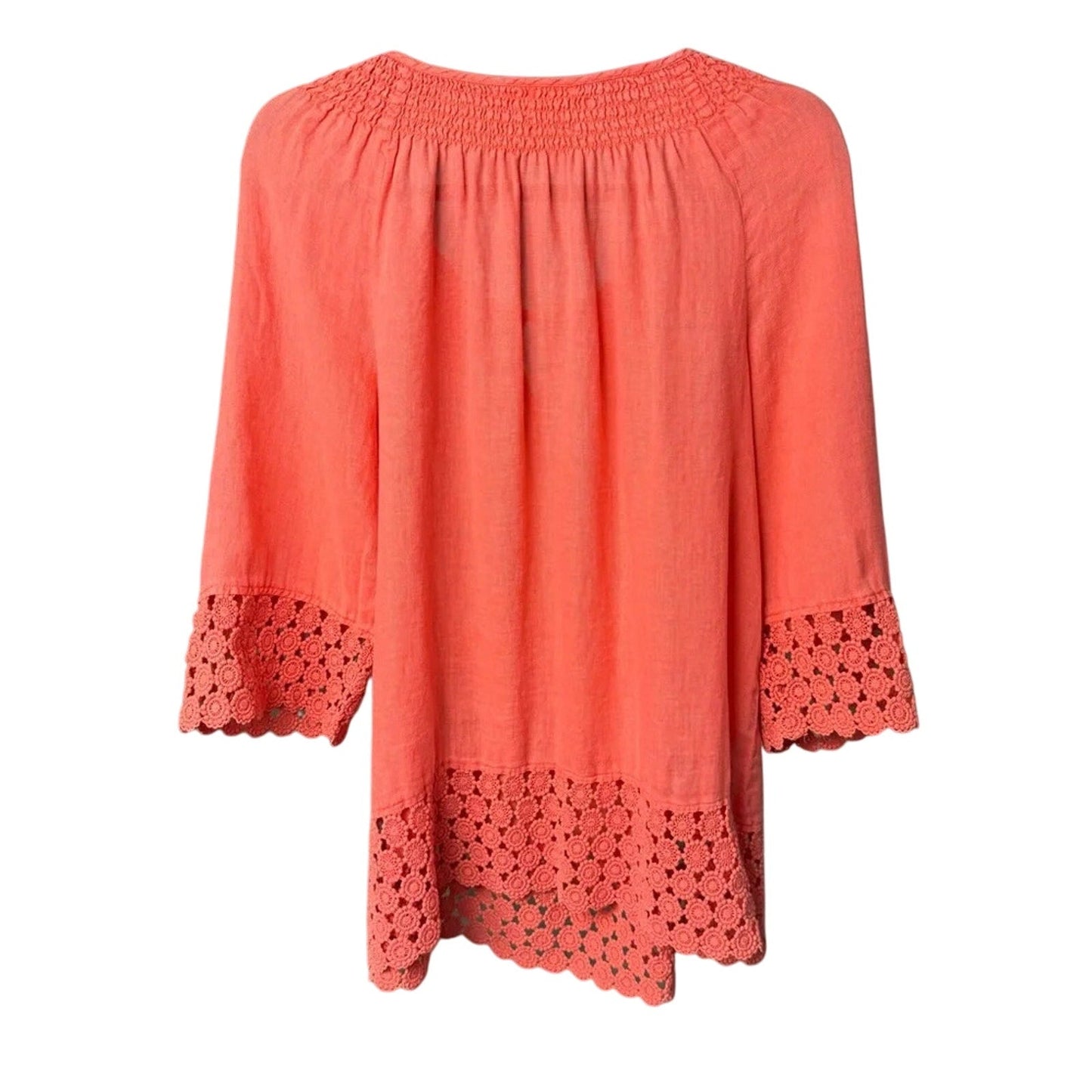 Charter Club Womens 2X Pink Linen Long Sleeve Crew Neck Floral Lace Trim Top