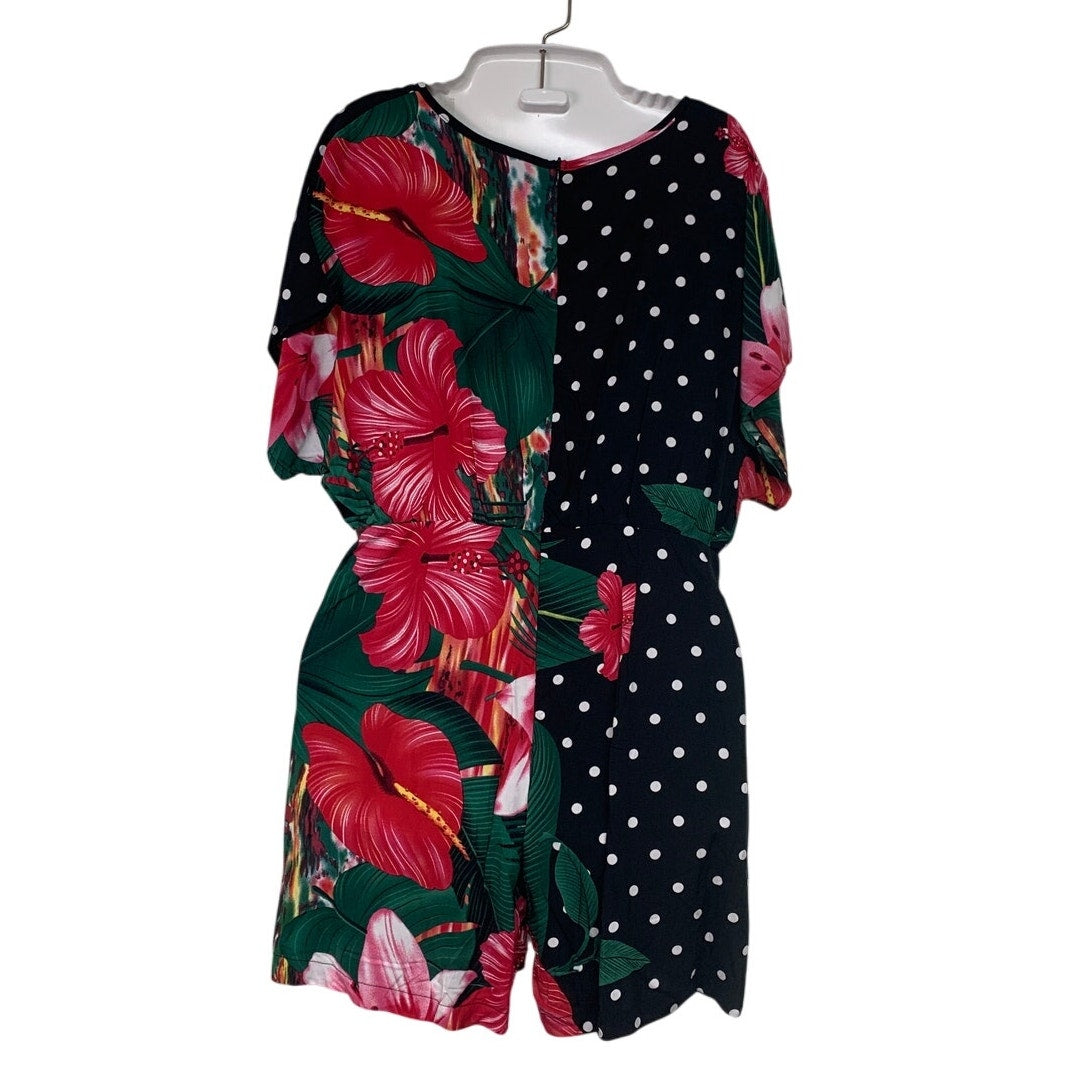 Emery Rose Womens Medium Polka Dot Floral Short Sleeve V Neck Back Zip Romper