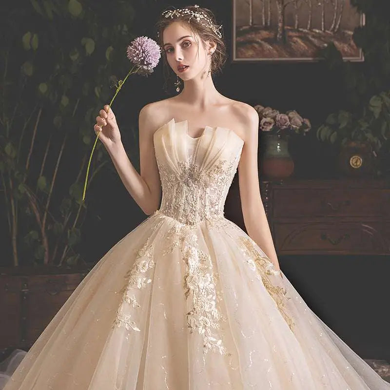 Champagne Lace Wedding Gown for Pregnant Woman