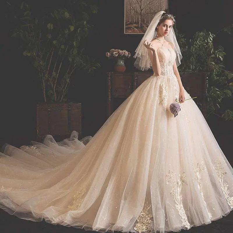 Champagne Lace Wedding Gown for Pregnant Woman