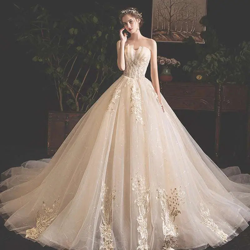 Champagne Lace Wedding Gown for Pregnant Woman