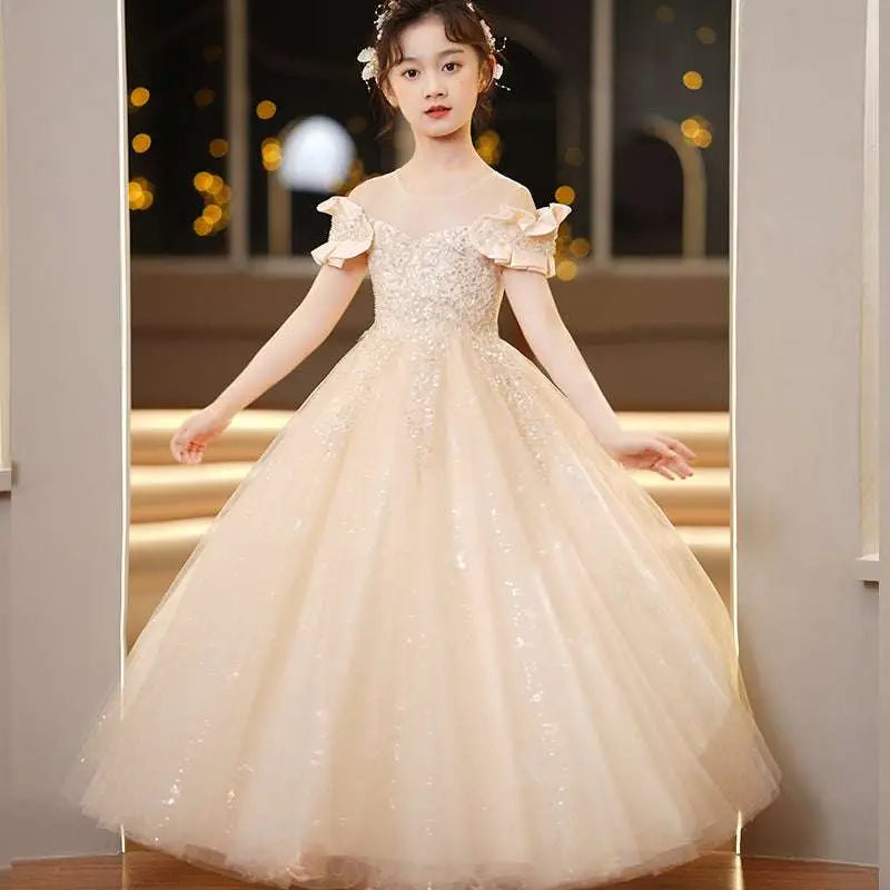Champagne Sequined Spandex Princess Dress Girls Tulle Tutu