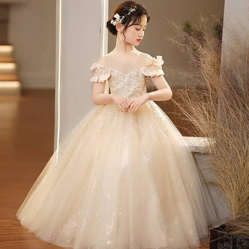 Champagne Sequined Spandex Princess Dress Girls Tulle Tutu