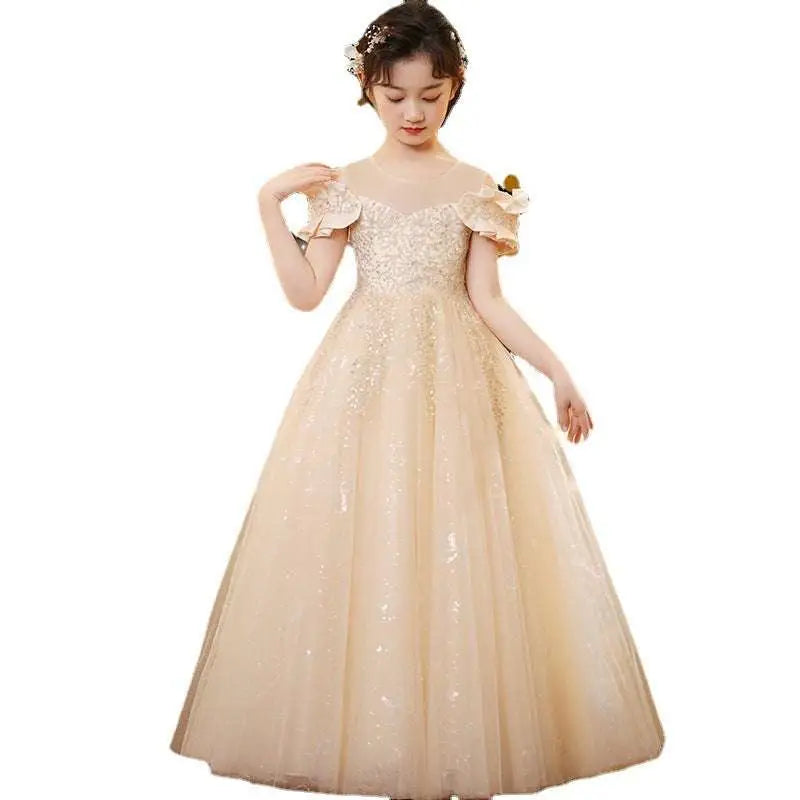 Champagne Sequined Spandex Princess Dress Girls Tulle Tutu