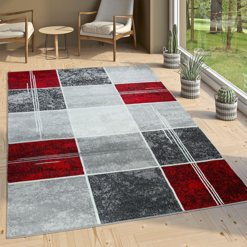 Checked Area Rug Marble Effect Modern Grey Red-0