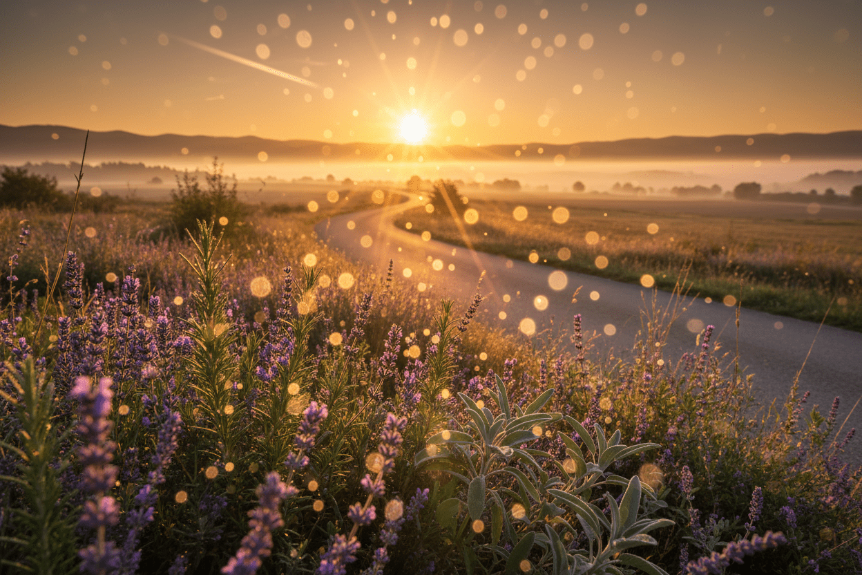 Sunset over a field with lavender and a winding road.
