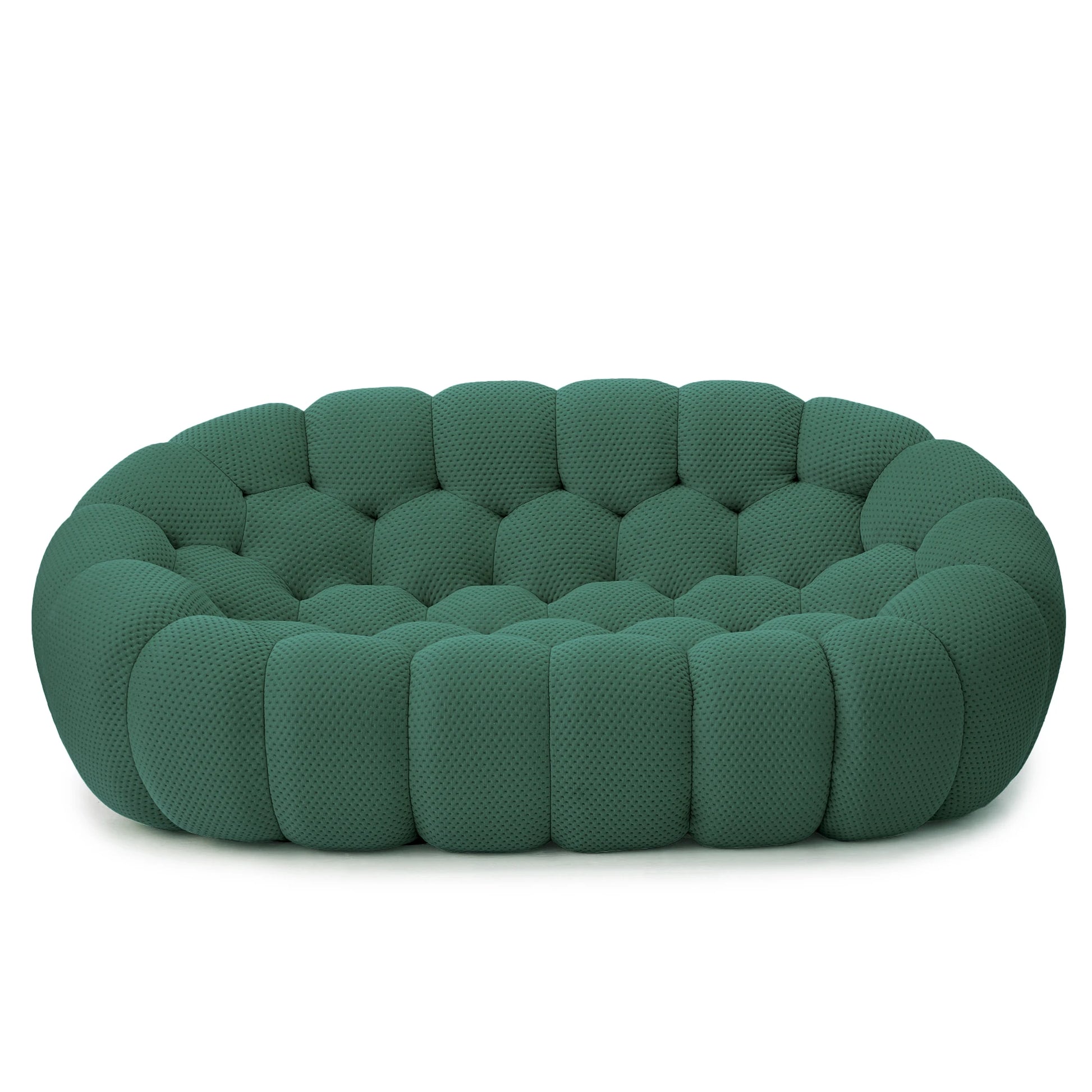 Green round sofa with a ribbed texture on a white background