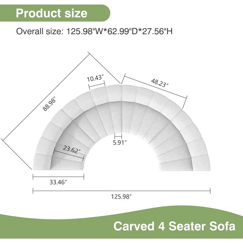 Measurement chart for a carved 4-seater sofa with dimensions labeled.