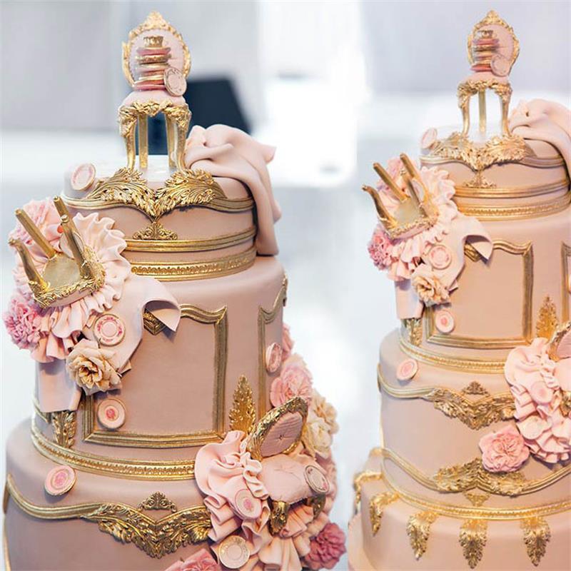 Decorative cake with gold accents and pink flowers on a white background. Classic Cake Frame Silicone Mold Unique Reusable Kitchen Baking Tools Candy Chocolate Pastry Fondant Moulds Dessert Lace Decoration Scroll Cake Border Silicone Molds