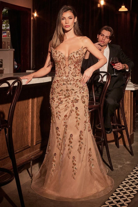 Nude Floral Embroidered Corset Gown with High Slit & Sheer Tulle Overlay CDCM382