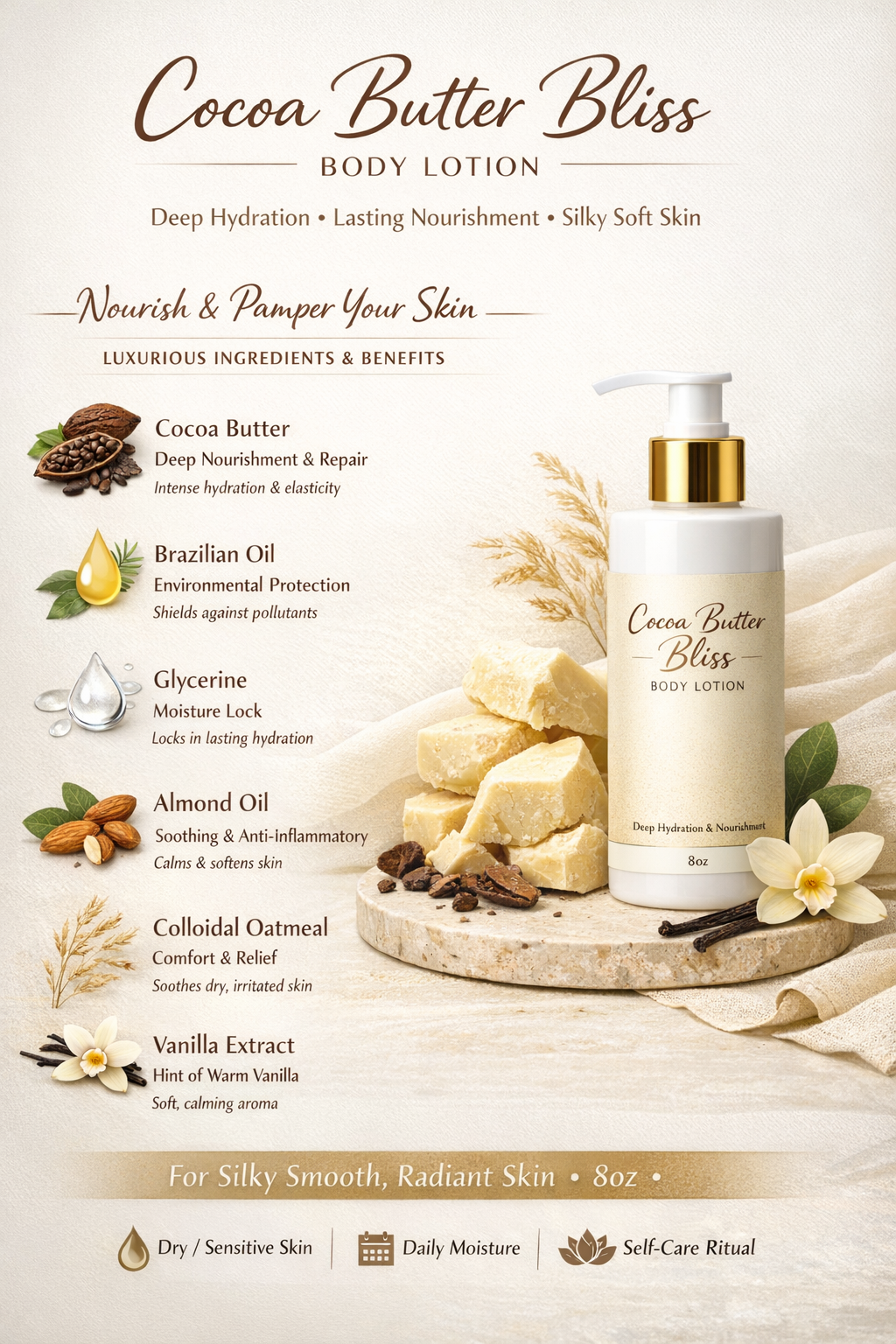 Cocoa Butter Bliss body lotion with ingredients and benefits on a light background