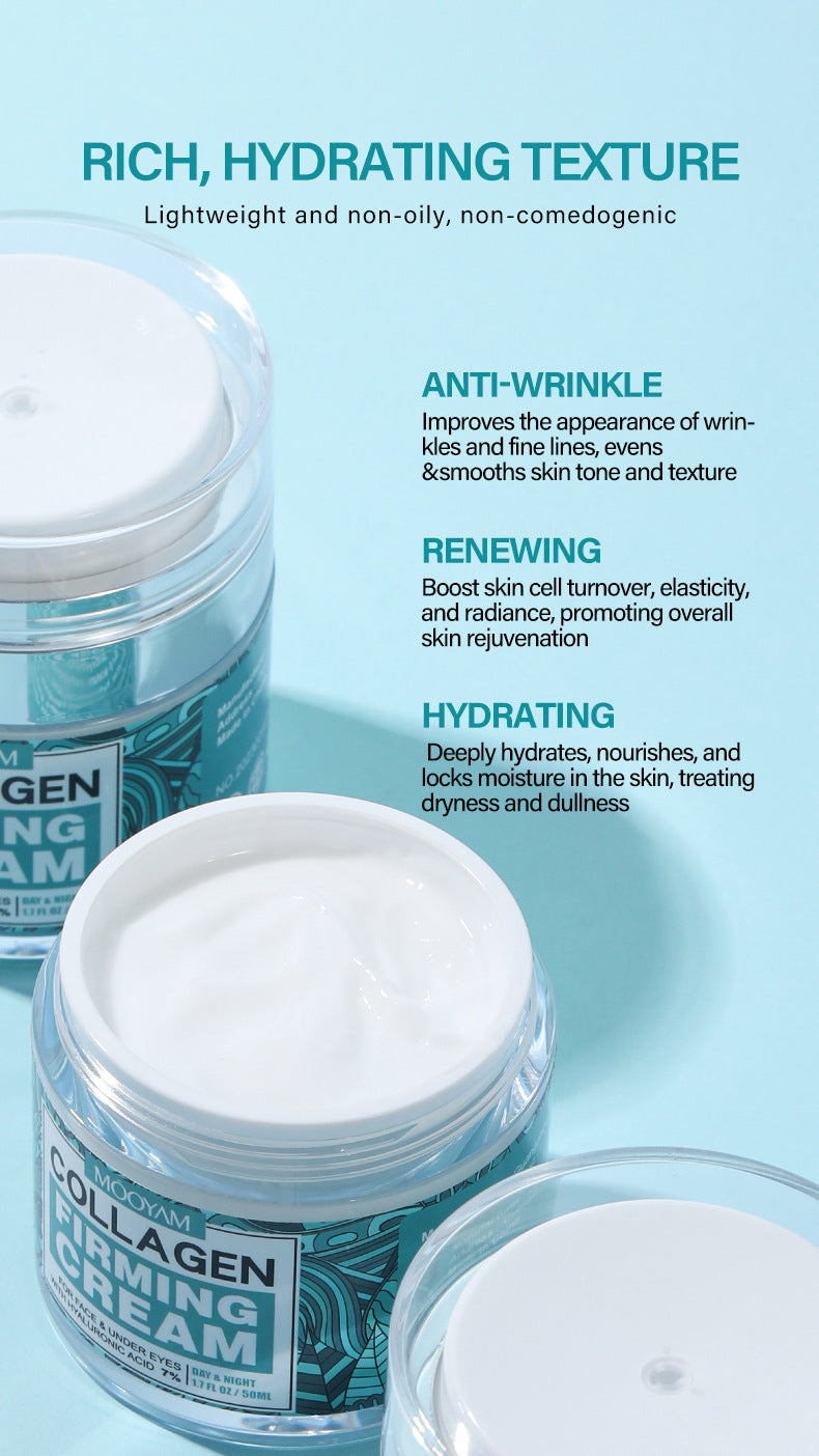 Collagen Firming Cream jar with text highlighting features on a light blue background
