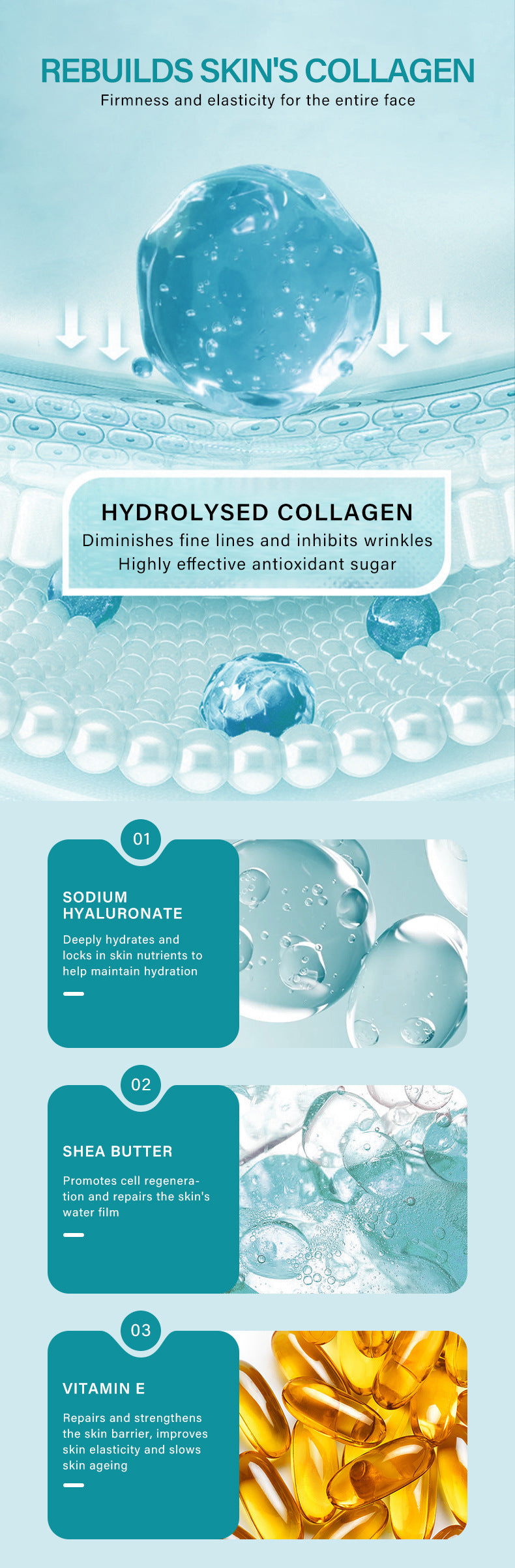 Product label with hydrolyzed collagen, sodium hyaluronate, shea butter, and vitamin E for skincare.