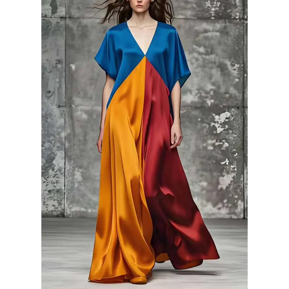 Color Block Round Neck Loose Short Sleeves Maxi Dress