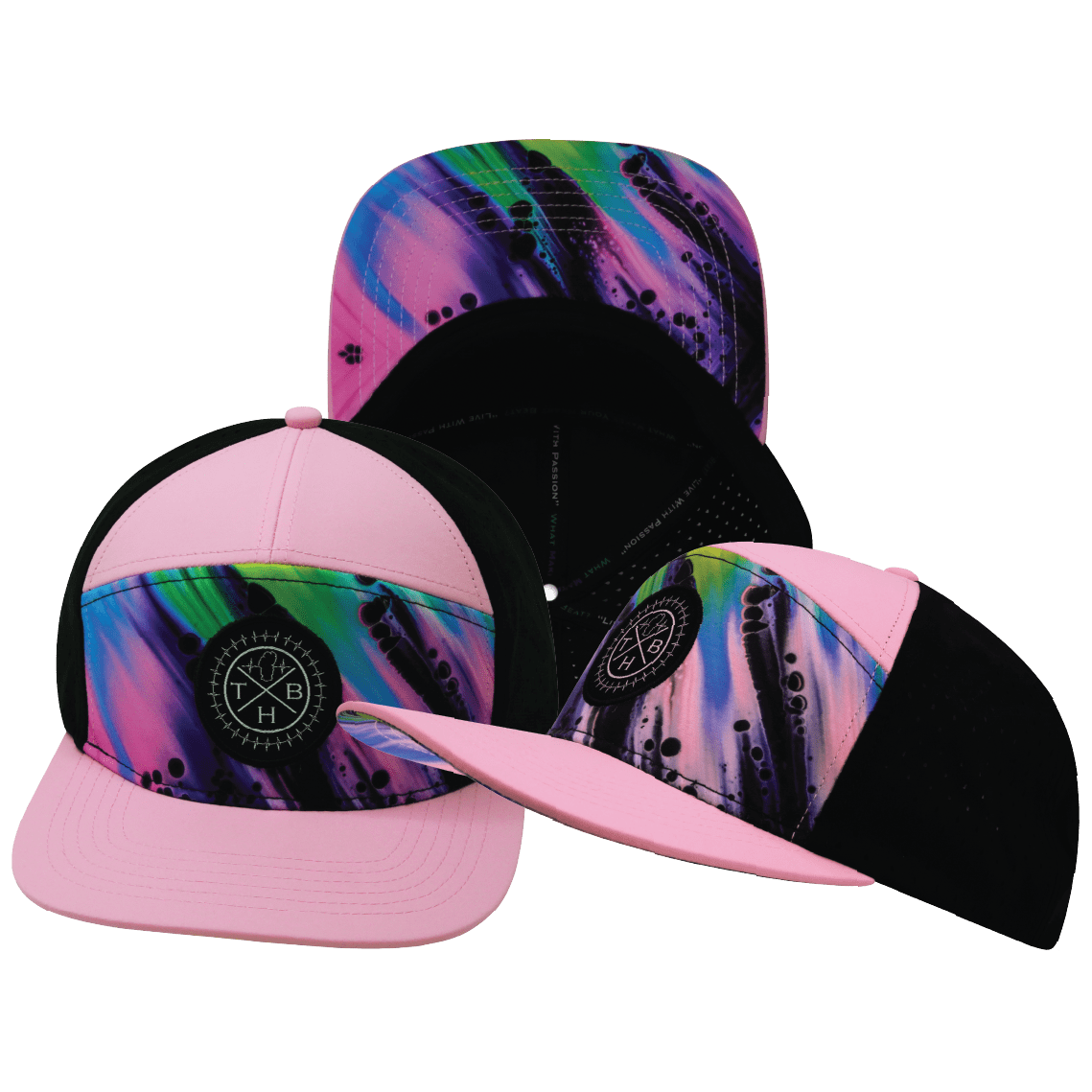 Pink Multi Color Vibes Hat - Flat Bill - Aurora - Pink / Black - Laser Mesh