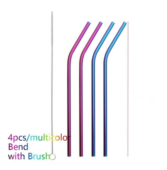 Set of four bendable straws in multicolor with a brush on a white background