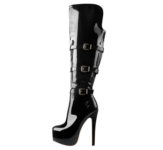 Commando Leather Platform Pointed Toe Knee High Boots-0