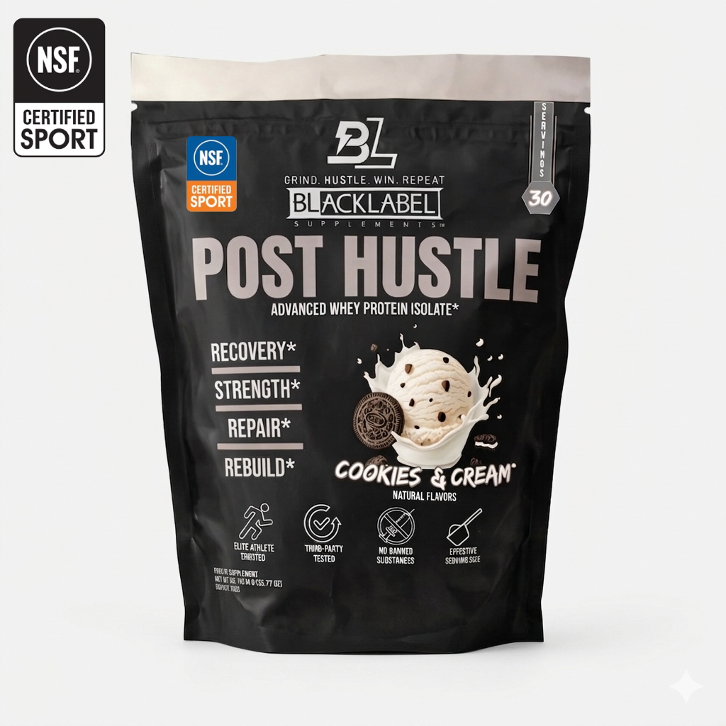 BlackLabel Post Hustle protein powder package with NSF certification logo on a white background