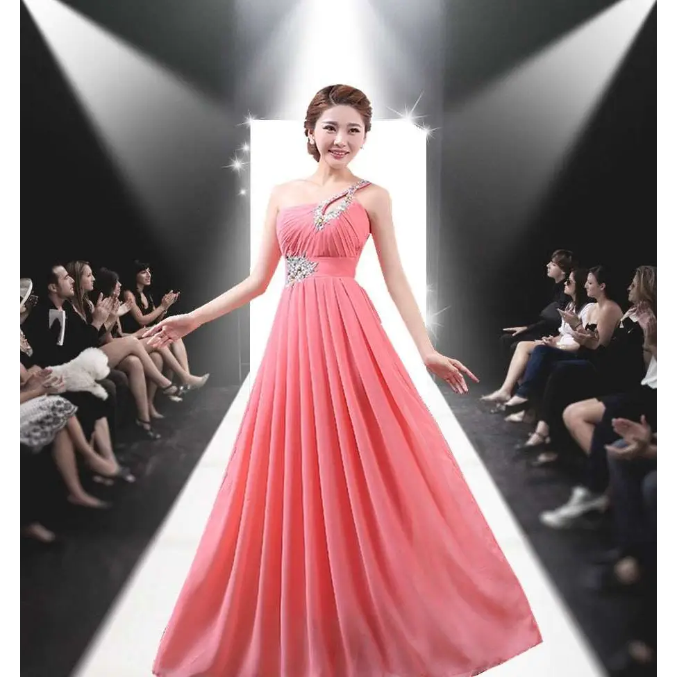 Coral Pink Embellished Chiffon Evening Dress