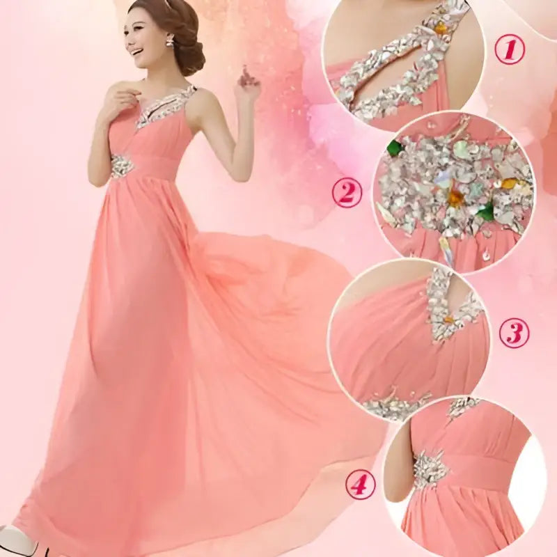 Coral Pink Embellished Chiffon Evening Dress
