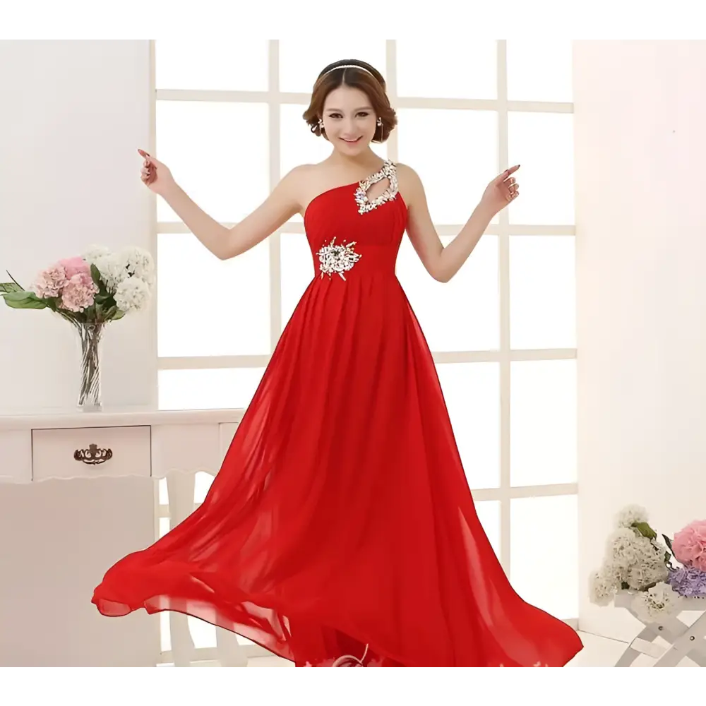 Coral Pink Embellished Chiffon Evening Dress