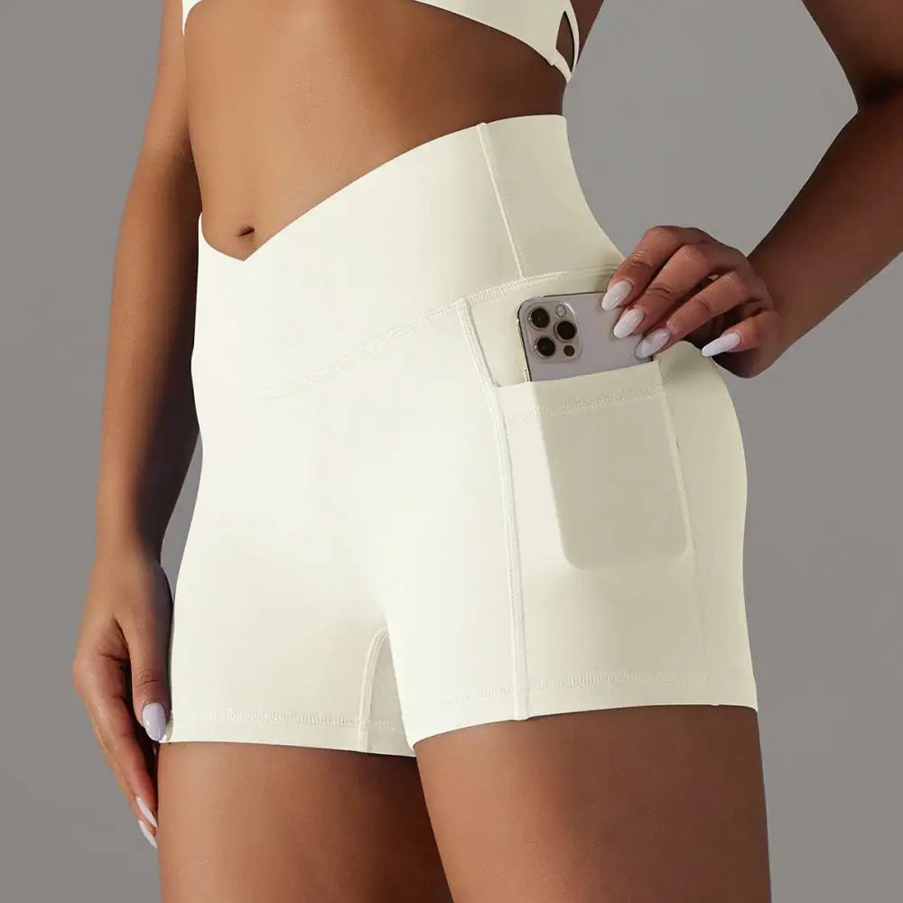 Cream High Waisted Phone Pocket Design Fitness Shorts