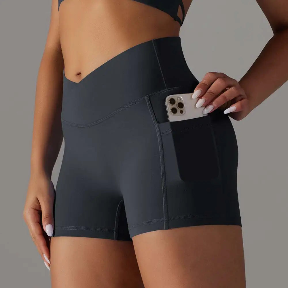 Cream High Waisted Phone Pocket Design Fitness Shorts