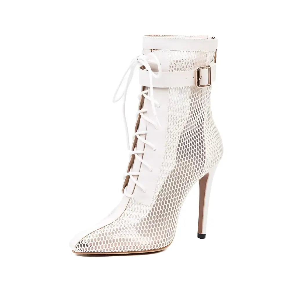 Cream Mesh Lace Up Large Size Stiletto High Heel Boots