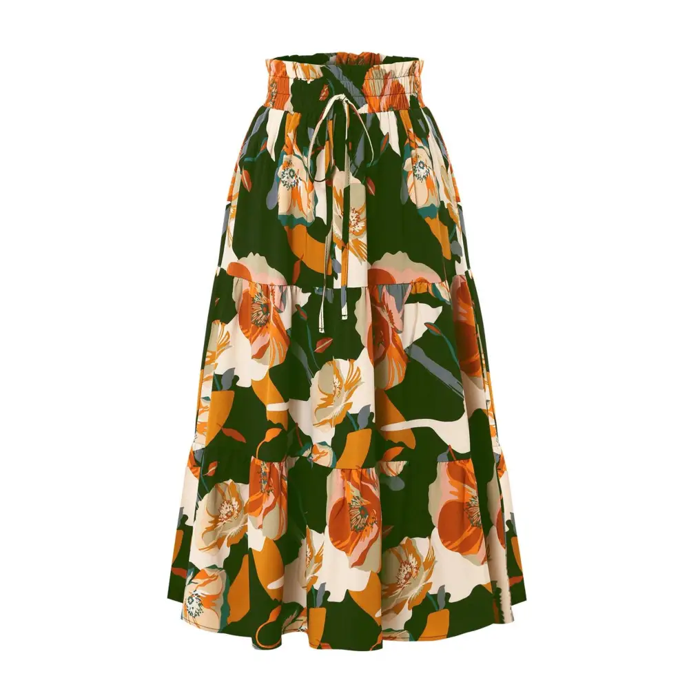 Cream Tiered Pleated Floral Print Elastic Waist Skirt