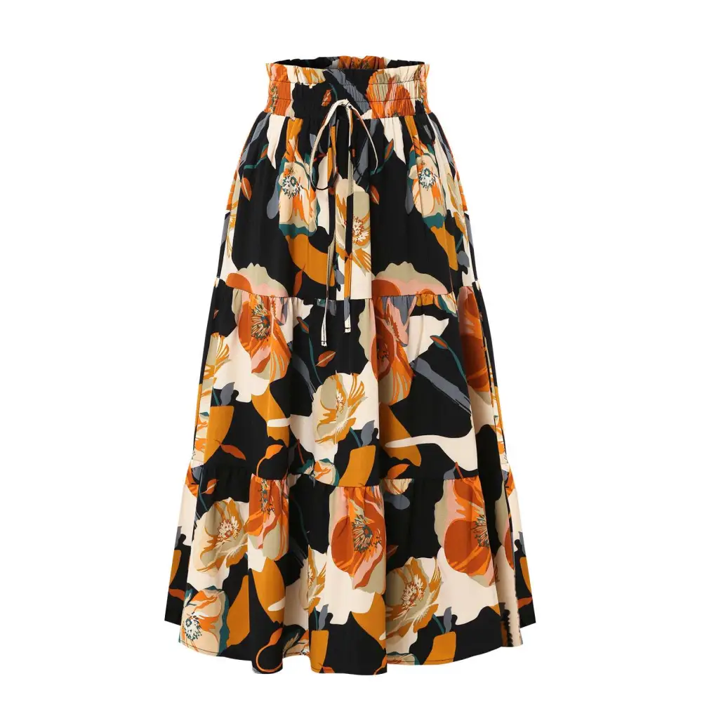 Cream Tiered Pleated Floral Print Elastic Waist Skirt