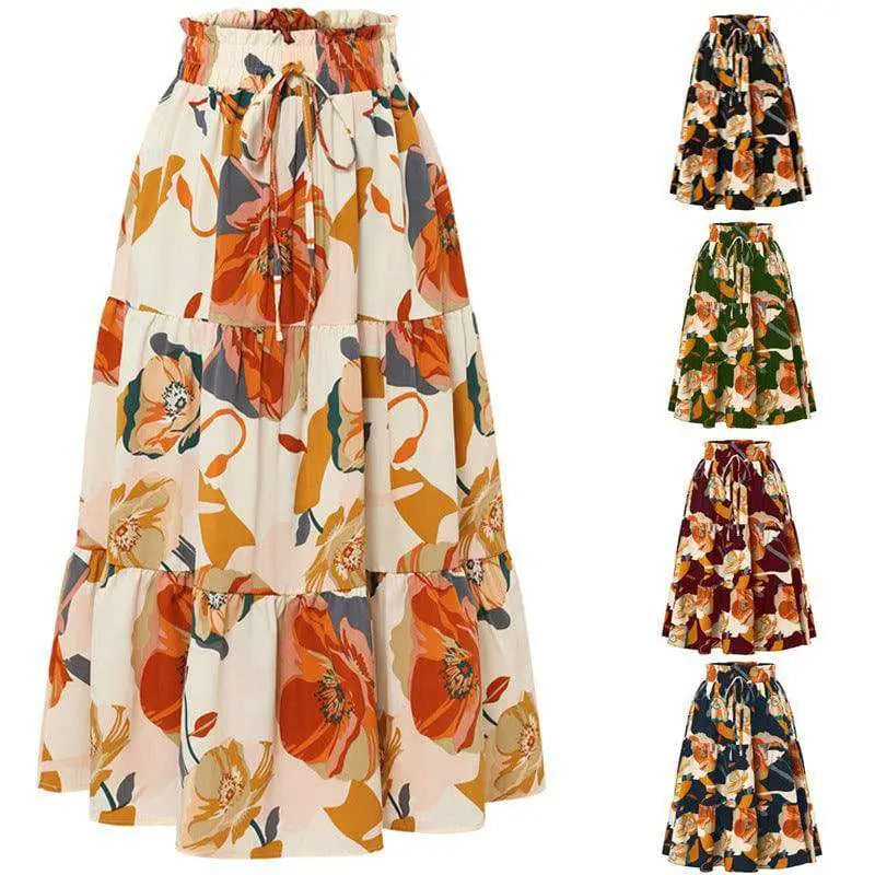 Cream Tiered Pleated Floral Print Elastic Waist Skirt