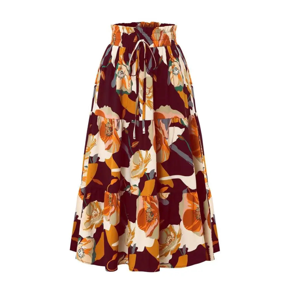 Cream Tiered Pleated Floral Print Elastic Waist Skirt
