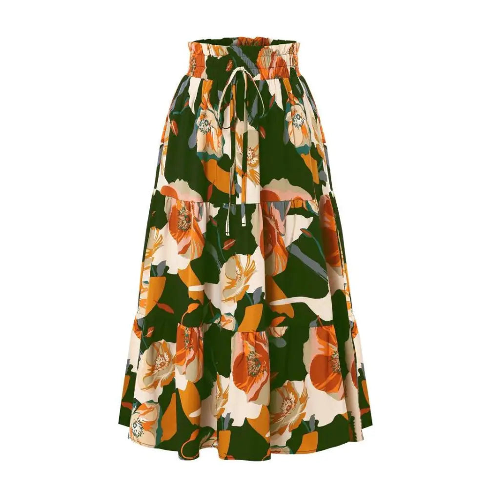 Cream Tiered Pleated Floral Print Elastic Waist Skirt