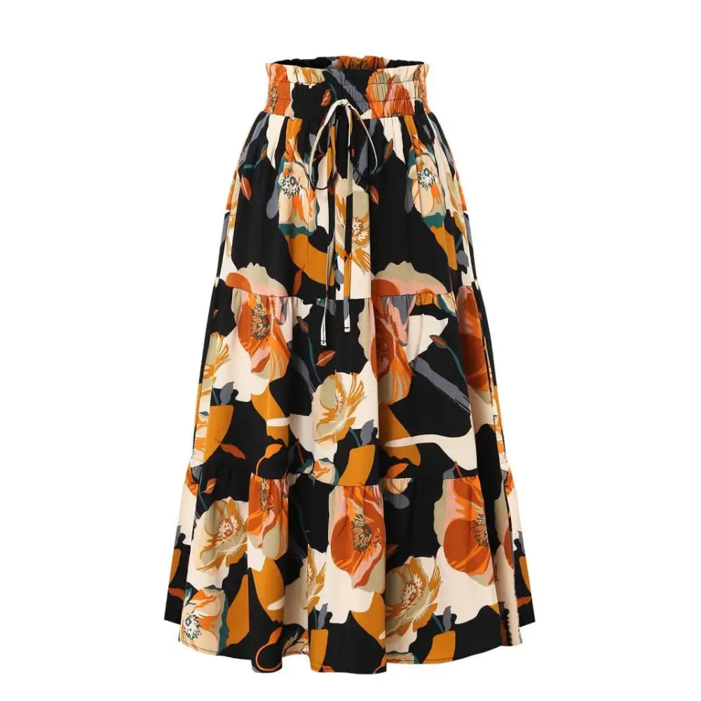 Cream Tiered Pleated Floral Print Elastic Waist Skirt