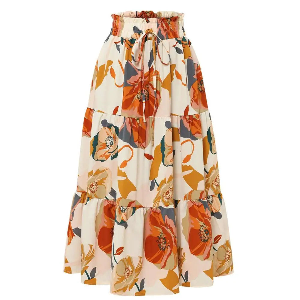 Cream Tiered Pleated Floral Print Elastic Waist Skirt