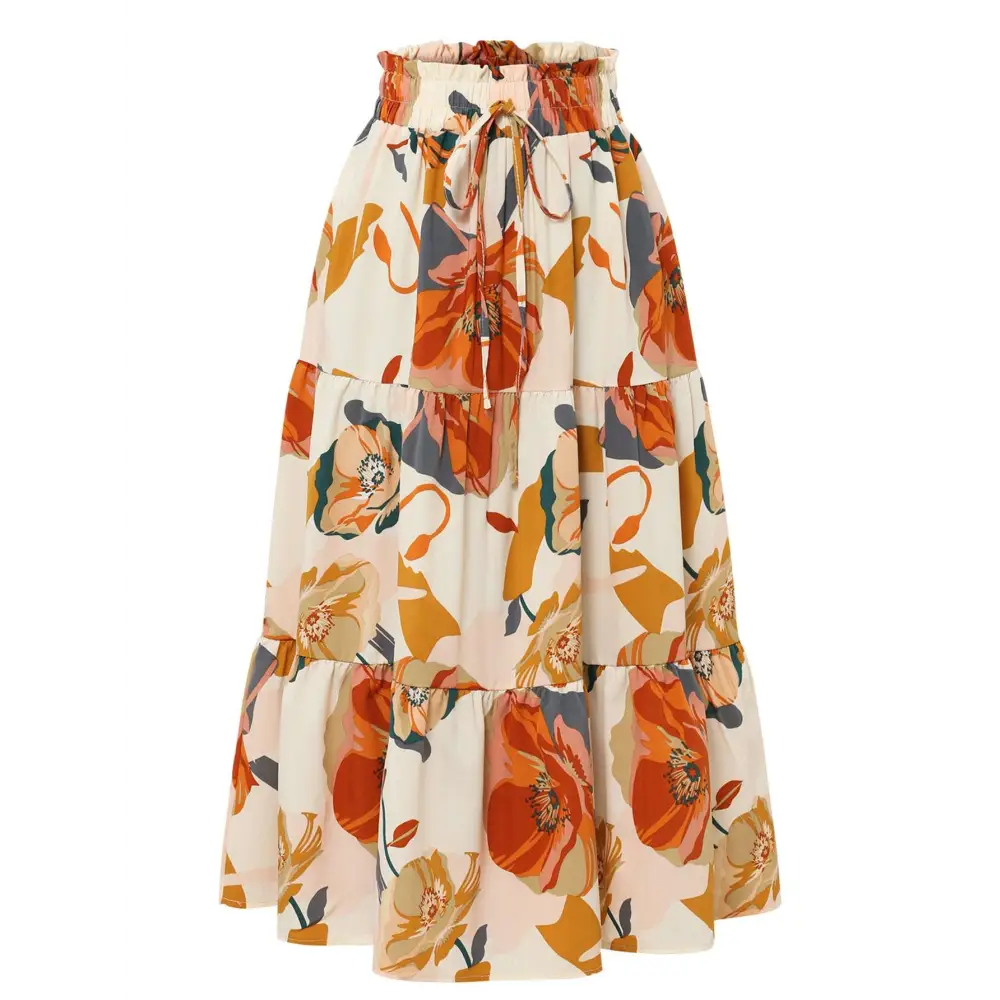 Cream Tiered Pleated Floral Print Elastic Waist Skirt