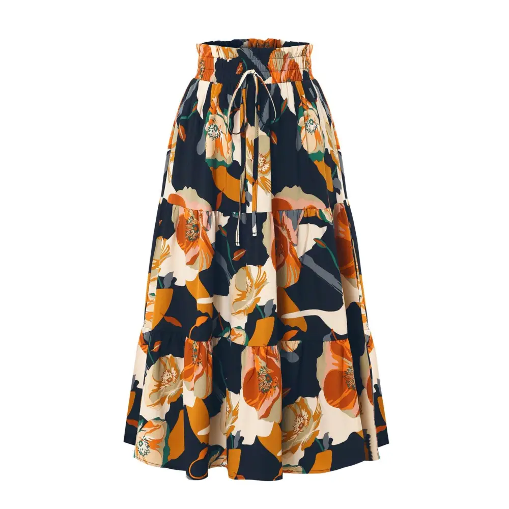 Cream Tiered Pleated Floral Print Elastic Waist Skirt