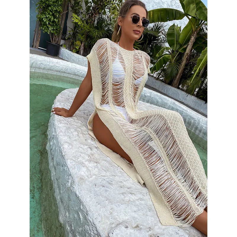 cream beige Solid Color Cover Ups Luxury Beach & Poolside Mesh Cover-Up Dress