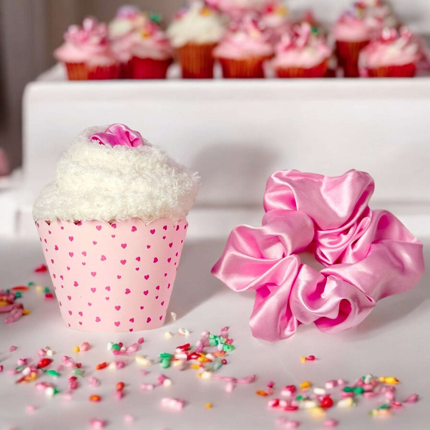 Cupcake Socks Gift Set with Pink Satin Scrunchie