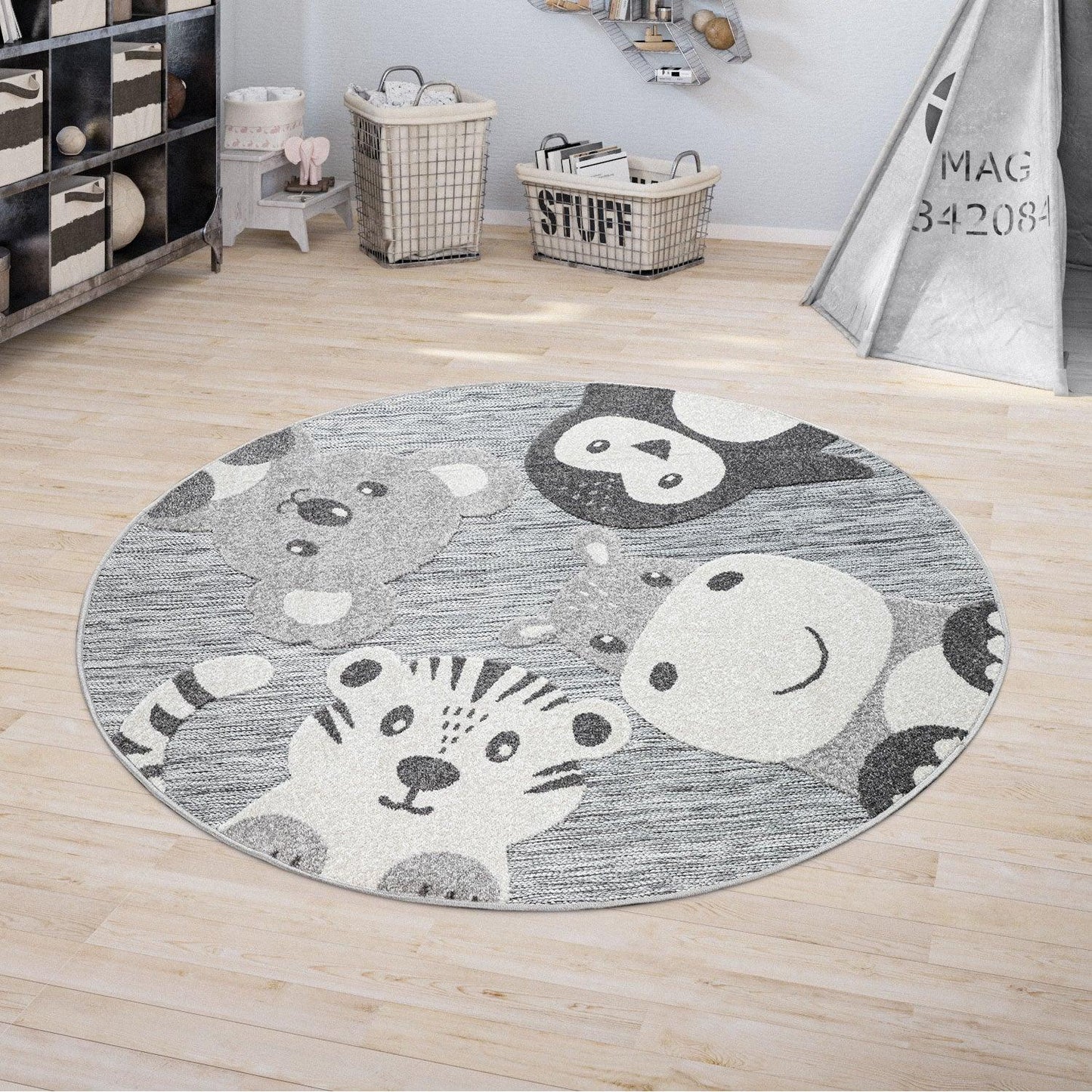 Round Kids Rug Lilo Cute Zoo Animals - Grey-0