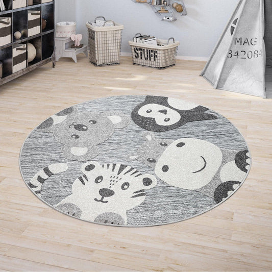 Round Kids Rug Lilo Cute Zoo Animals - Grey-0