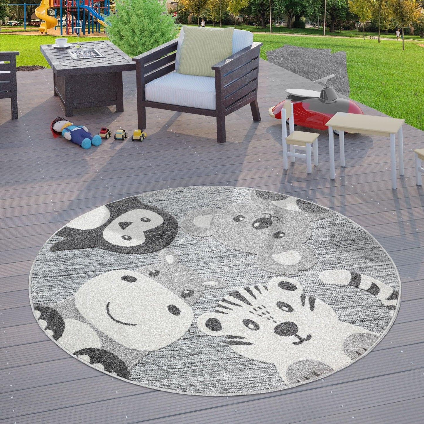 Round Kids Rug Lilo Cute Zoo Animals - Grey-1