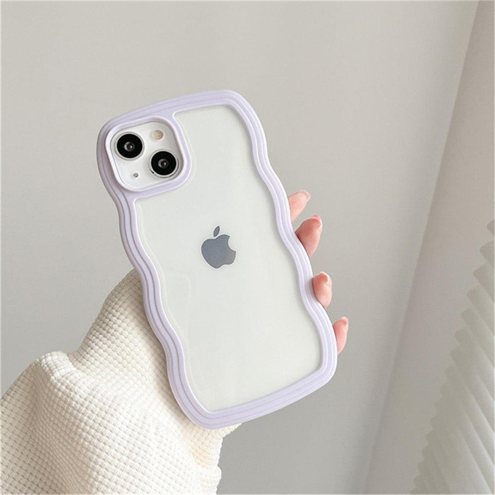 Cute Transparent Curly Wave Phone Case For iPhone 14Pro 13 12 11 Pro Max X XR XS Max Candy Color Shockproof Clear Hard  Cover Shockproof Popular Wavy Stylish Phone Case