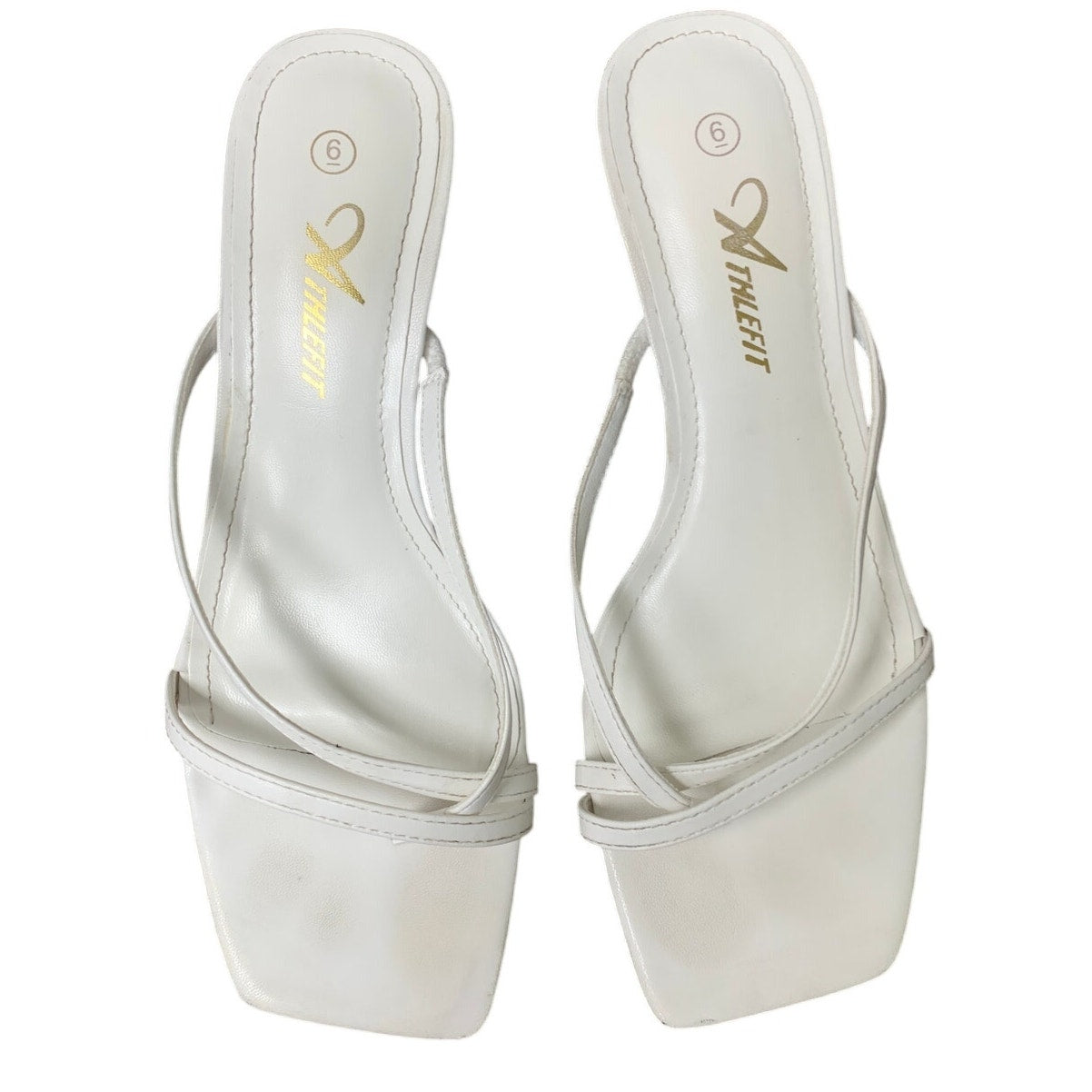 Athlefit Women Size 6 White Faux Leather Strappy 2.25" Kitten Heels Sandal Shoes