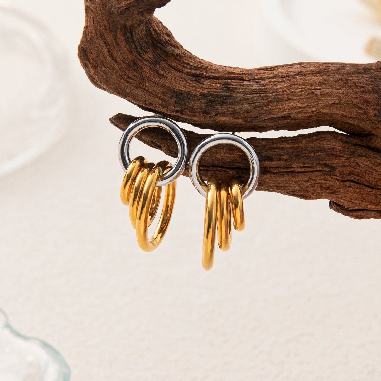 Golden Three-ring Hoop Earrings Made Of Stainless Steel